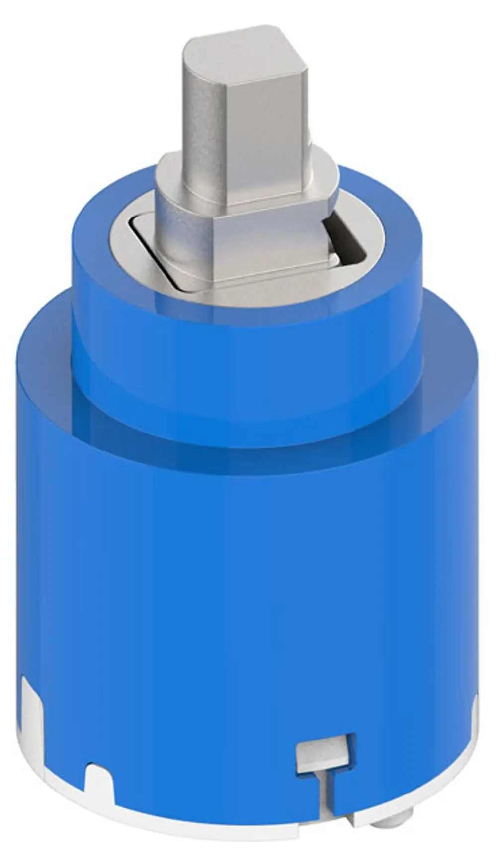 Ersatz-Mischwasserkartusche in Blau mit quadratischem Anschluss, geeignet für Keuco Produkte. Design mit integrierter Aussparung und seitlichen Öffnungen.